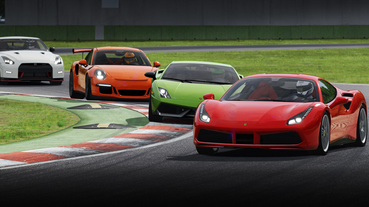 Assetto Corsa'da pist üzerinde farklı spor otomobillerin yarıştığı oyun içi sahne.