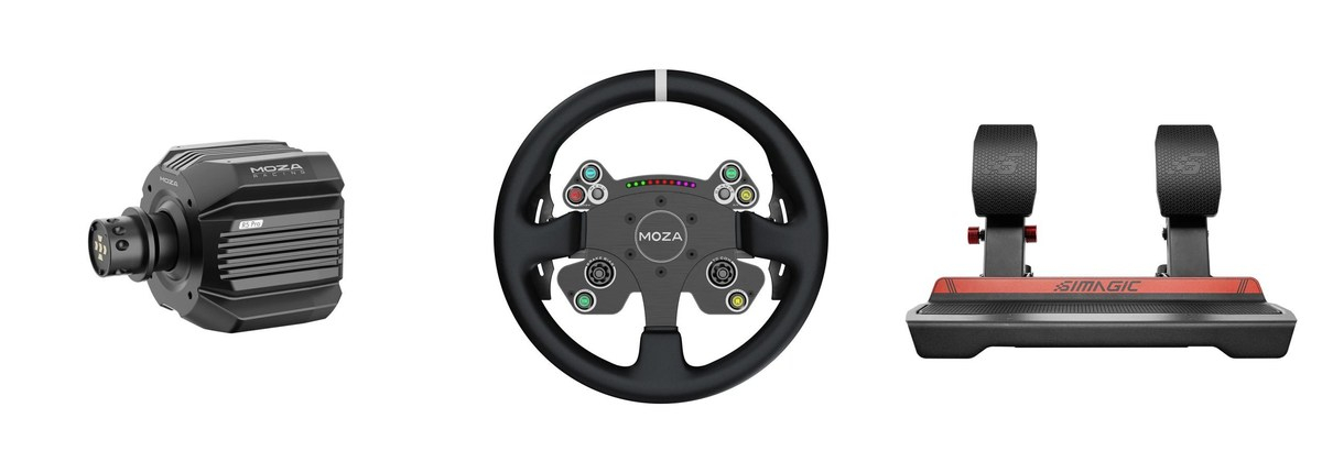 Gelbura MOZA R5 Pro 6 Nm + CS V2P + Simagic P700 Bundle Direksiyon Seti paketindeki direksiyon gövdesi, simit ve iki pedallı pedal seti.