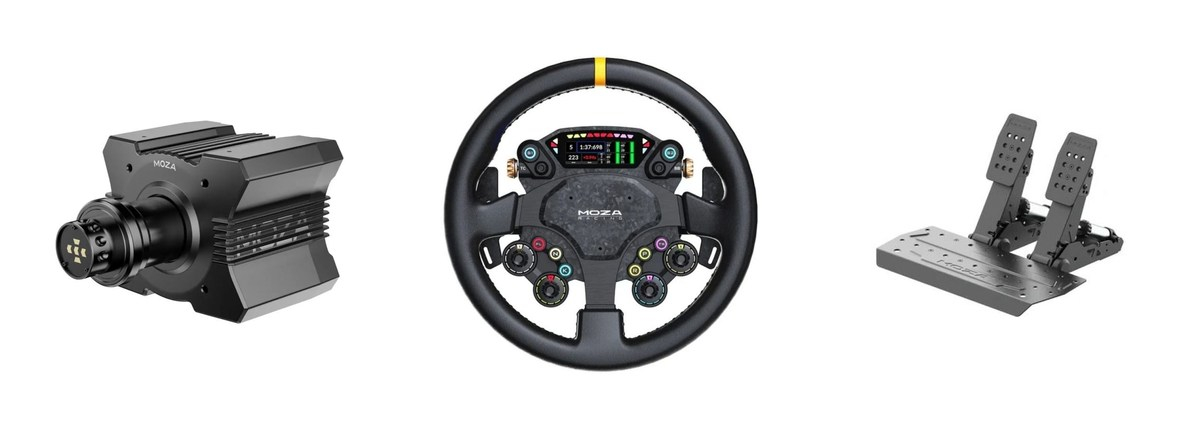 Moza Racing R9 V3 CS PRO SRP2 Bundle Set paketindeki direksiyon gövdesi, simit ve iki pedallı pedal seti.