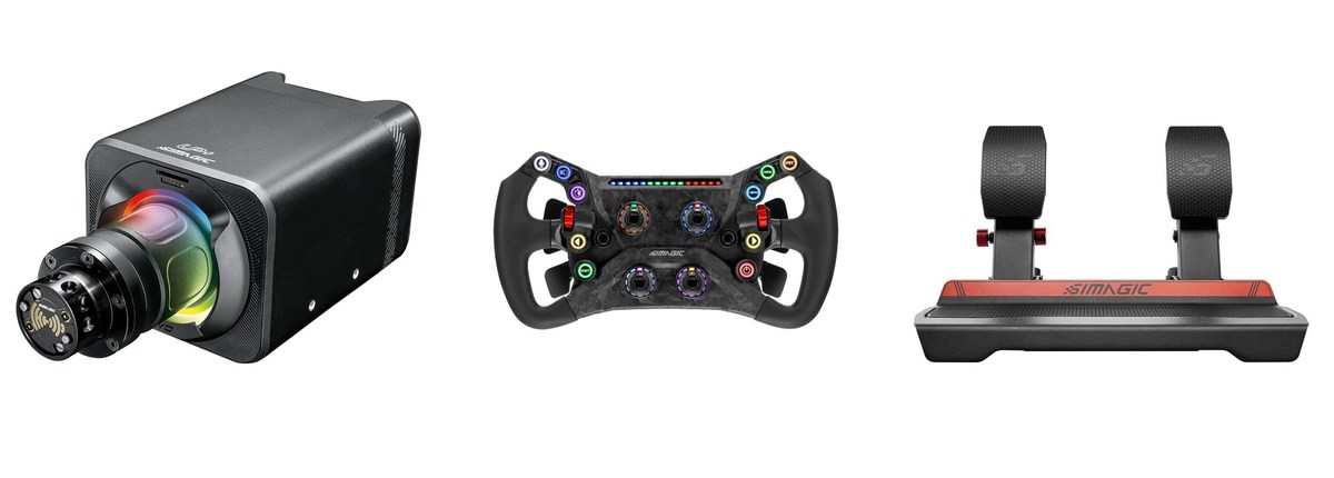 Simagic Alpha Evo Sport GT Neo P700 Direksiyon Seti Bundle paketindeki direksiyon gövdesi, simit ve iki pedallı pedal seti.